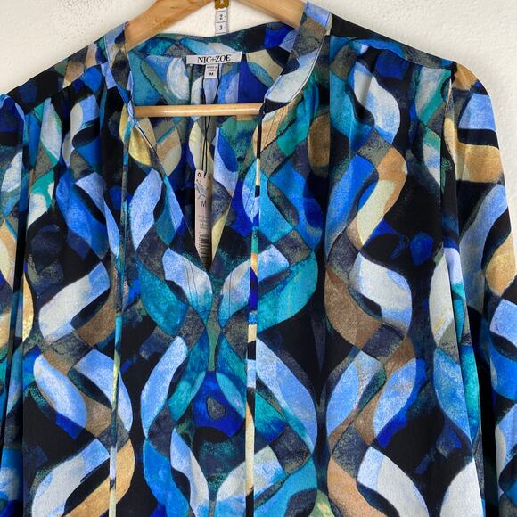 NWT NIC+ZOE Wave Links Top Size M Blue Black Print Blouse Classic Party Dressy - Picture 7 of 13